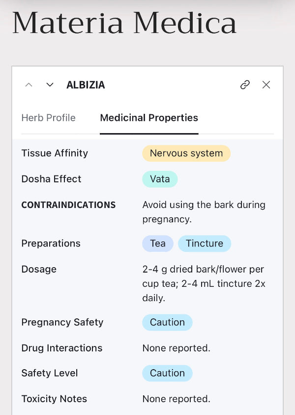 A digital infographic card titled 'Materia Medica' for the brand ALBIZIA, detailing the medicinal properties of Albizia bark and flower, including tissue affinity, dosha effect, contraindications, and dosage.