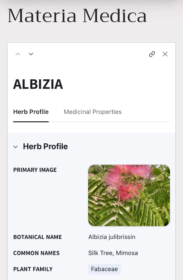 A screenshot of a digital herbal profile page titled 'Materia Medica' for 'ALBIZIA', showing a primary image of pink flowers and green leaves, along with botanical and common names.