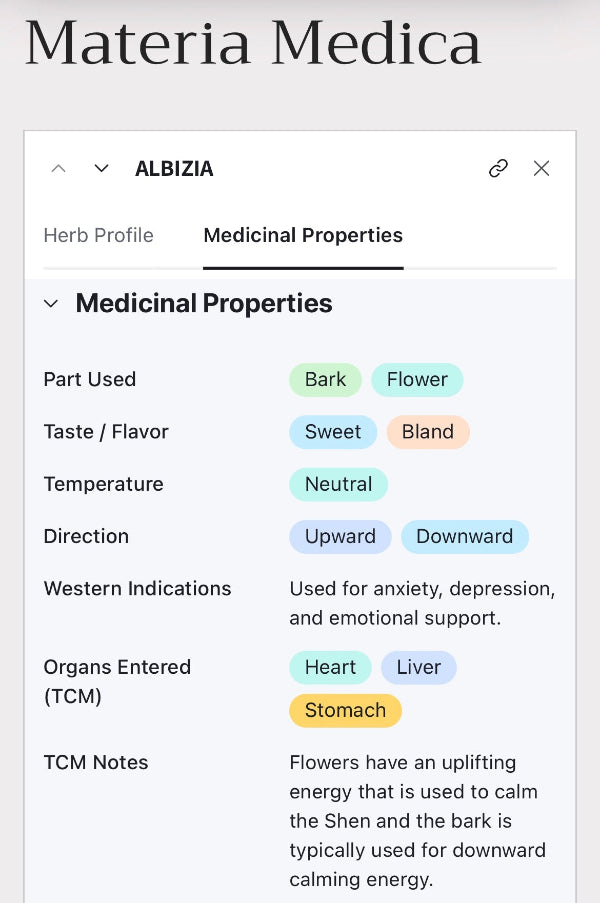A screenshot of the Materia Medica page for Albizia, showing herbal profile and medicinal properties including part used, taste, temperature, direction, western indications, organs entered, and TCM notes.