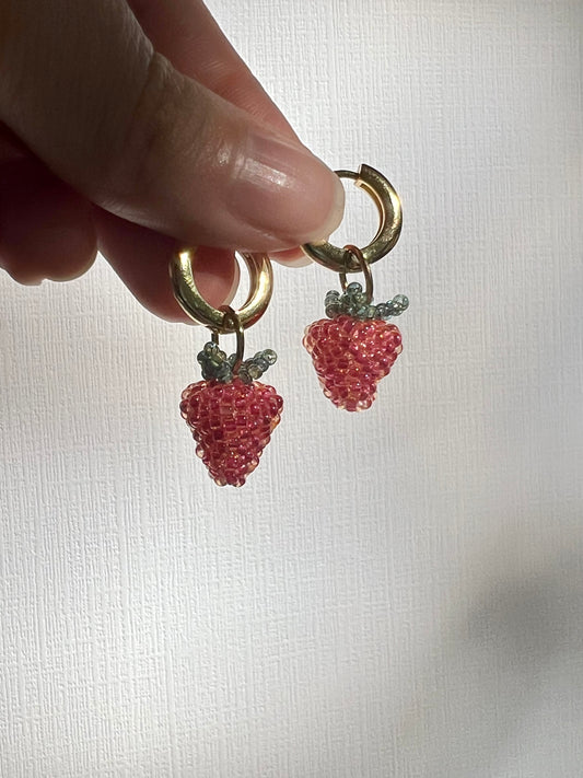 Hand beaded strawberry earrings with glass seed beads and gold filled hoops.
