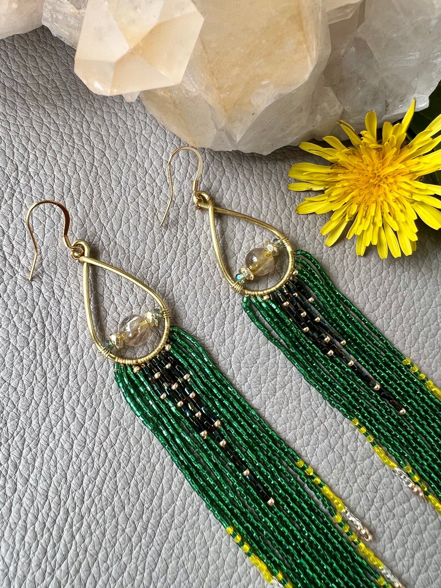 Green & Gold Long Fringe Earrings