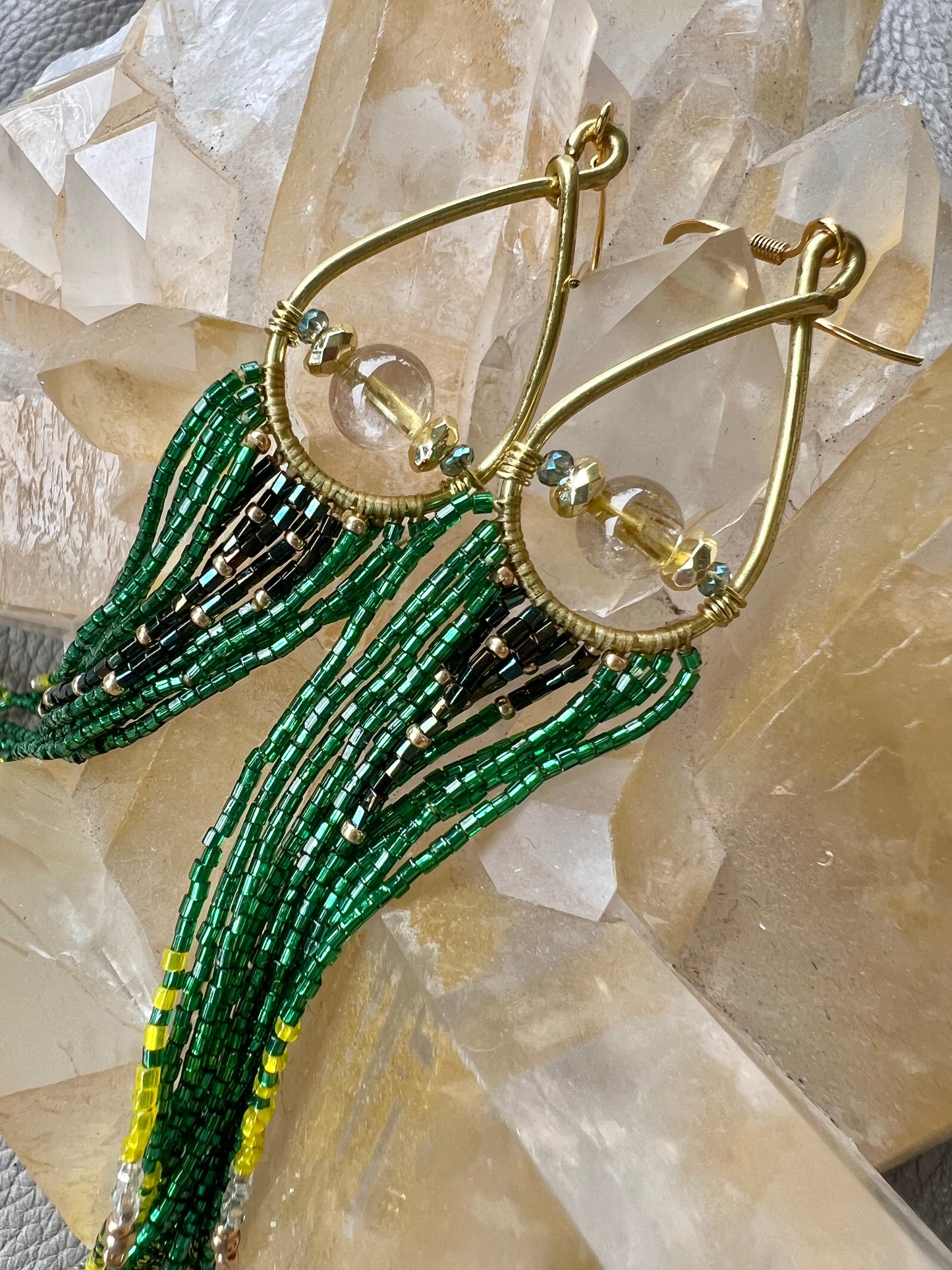 Green & Gold Long Fringe Earrings